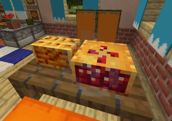 Apple Pie and Sweet Berry Pie can be placed as a block in a similar manner to cake. Why the vanilla pumpkin pie doesn&rsquo;t work this way, I don&rsquo;t know.